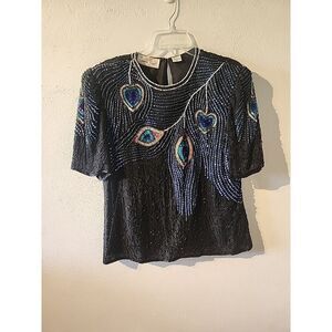 Laurence Kazar Peacock Top Vintage Heavily Encrusted Beaded Silk Blouse XL
